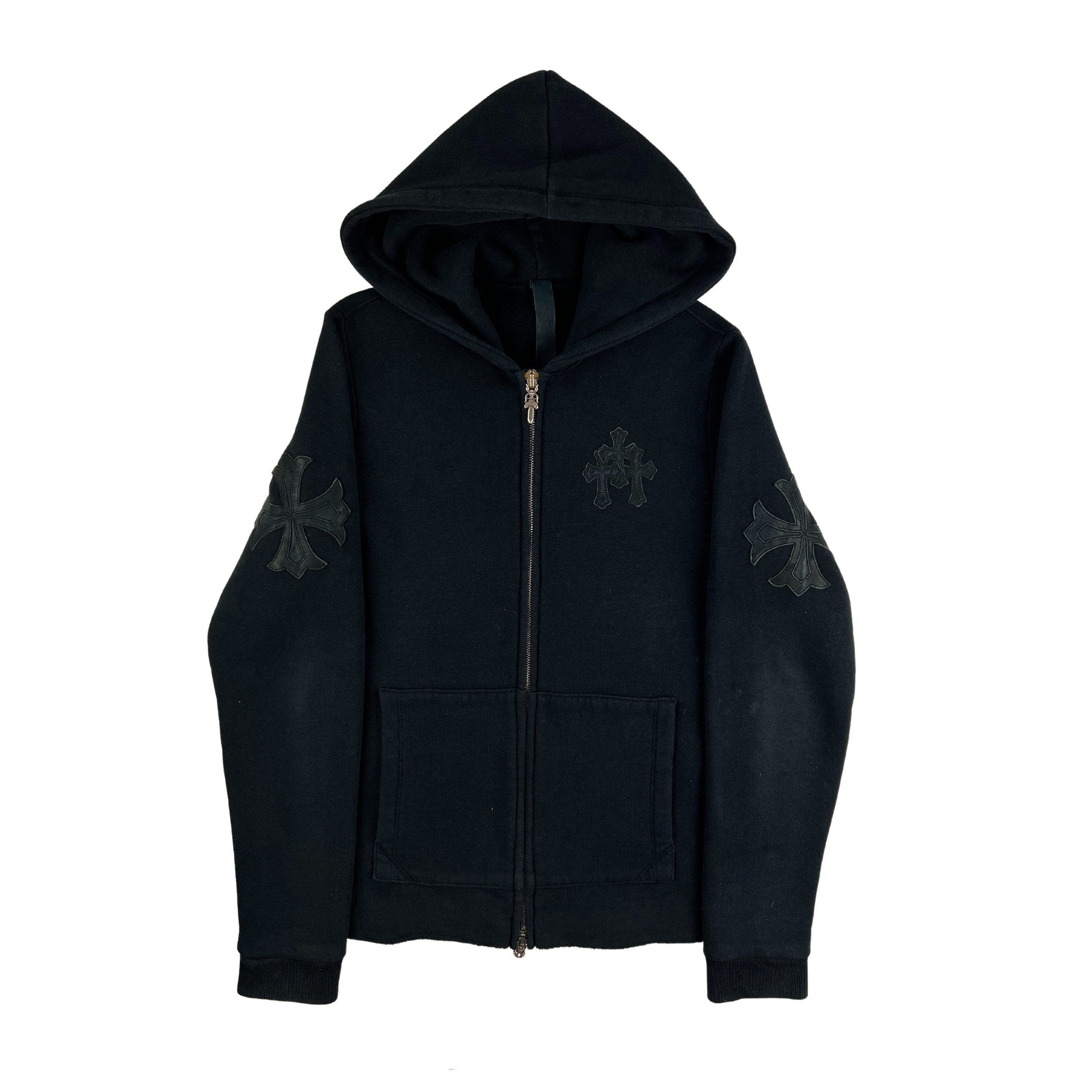 MARKED EU Chrome Hearts Black Leather Patch Zip Hoodie